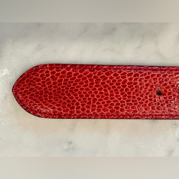 Ostrich Skin belt with Gold Lion Buckle, red, 31”L, EUC - Picture 7 of 12